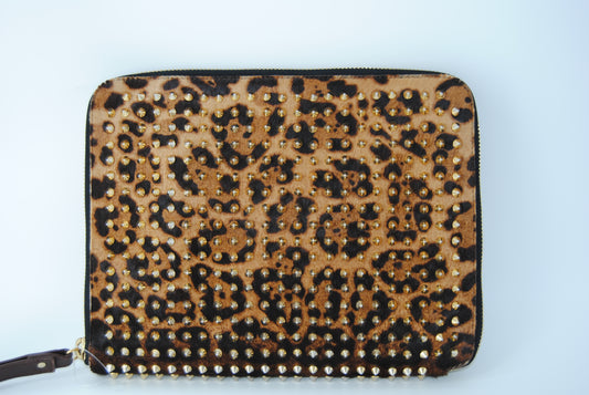Christian Louboutin Calf Hair Leopard Print Spiked IPad Case