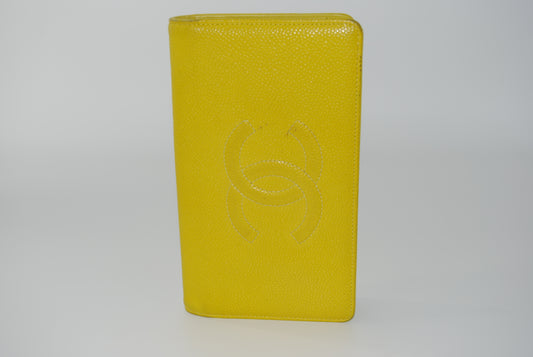 Chanel CC Caviar Skin Leather Large Wallet Bifold Yellow