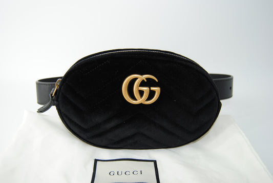 Gucci Black Quilted Velvet GG Marmont Waist Belt Bag