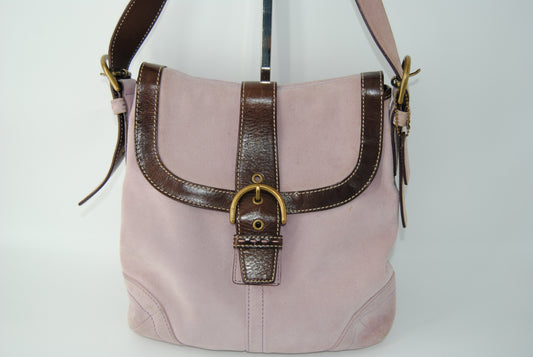 Coach Light Pink (Lilac) Suede Leather Buckle Flap Crossbody Shoulder Bag