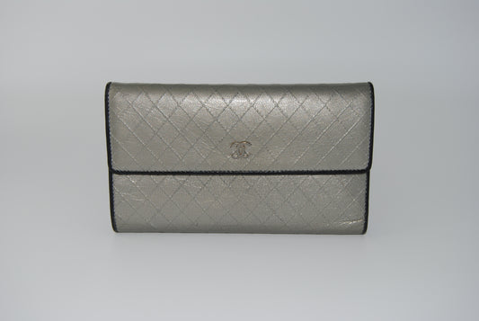 Chanel Bifold Long Wallet Metallic Silver 1 Coco Mark Coin Purse Leather