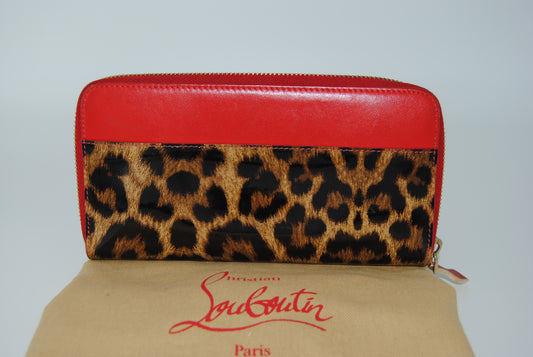 Christian Louboutin Red Leather Leopard Print Patent Wallet Zip Around