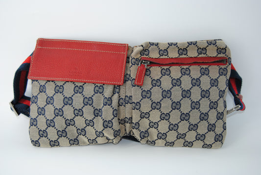 Gucci Blue GG Canvas Double Pocket Belt Bag Navy blue