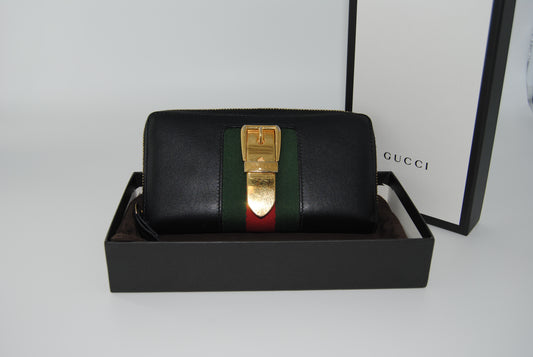 Gucci Sylvie Black Leather Sherry Line Zip Around Wallet