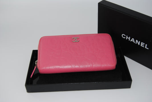 Chanel Round Zipper Long Wallet Camelia Leather Pink