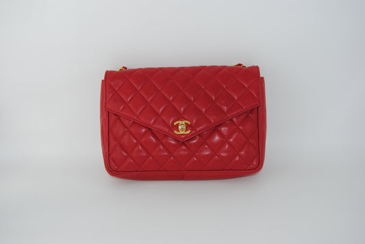 Chanel Red Quilted Lambskin Vintage Flap Bag Gold Hardware