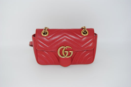 Gucci Calfskin Matelasse Mini GG Marmont Shoulder Bag Hibiscus Red