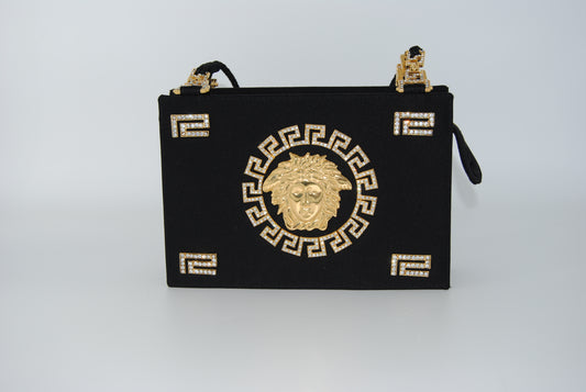 Versace Vintage Medusa Zip Shoulder Bag Crystal Embellished Satin Small