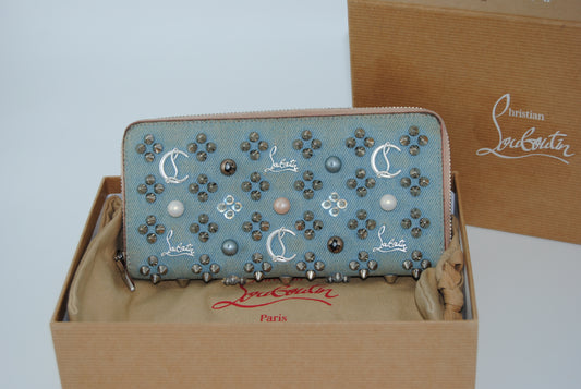 Christian Louboutin Blue Denim Mix Pearl Panettone Continental Wallet