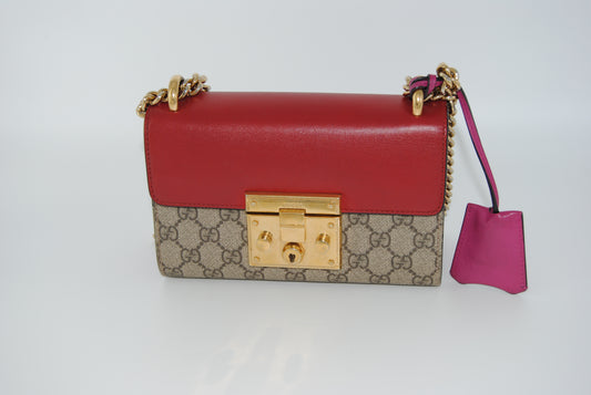 Gucci GG Supreme Monogram Calfskin Small Padlock Shoulder Bag Beige Hibiscus Red New Rosette