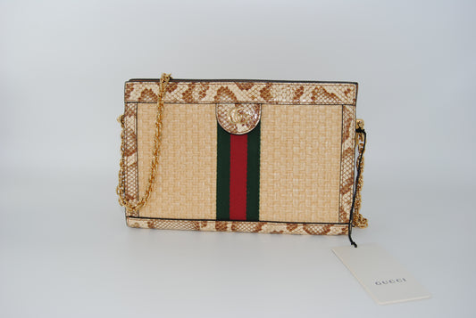 Gucci Raffia Elaphe GG Small Ophidia Chain Shoulder Bag Natural Cream